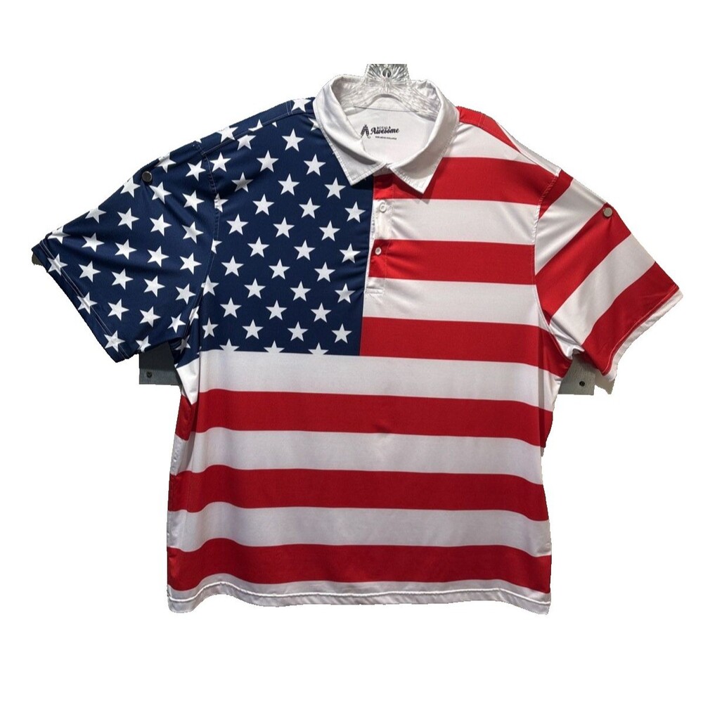 XXXL ROYAL & AWESOME American Flag Golf Polo Shirt Patriotic Red White Blue Mens